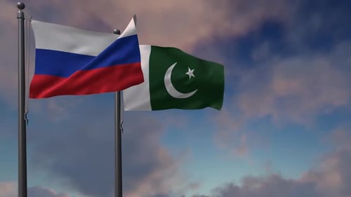 Russia and Pakistan Flags Waving in the Wind