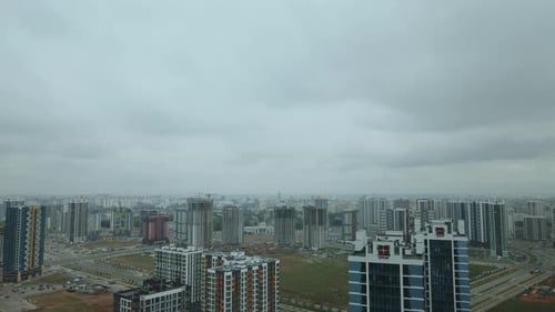 Construction site of a new city block. Construction of multi-storey buildings.