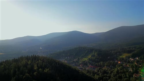 Mountains and small town at Sunrise