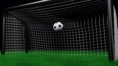 Soccer ball flies into the goal at the stadium.