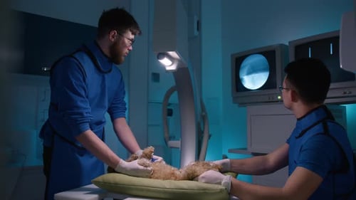 Veterinarians Examine Dog Using X-Ray Machine in Hospital