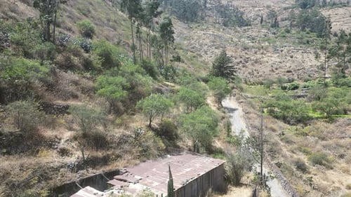 Aerial dolly shot of the landscape in matacuna lima peru with view of trees, the valley and nature o