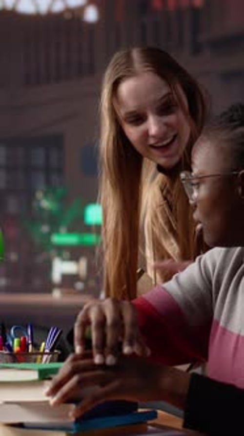 Vertical Video Person Waking Up African American Girl in the University Campus Library