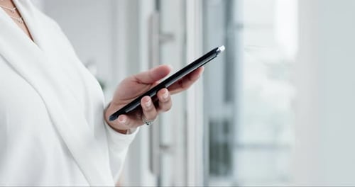 Phone, typing and hands of business person in office online for internet