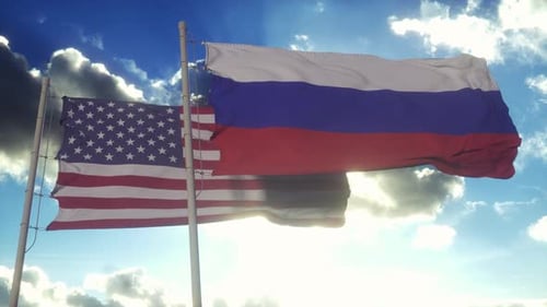 United States and Russian Flags Waving