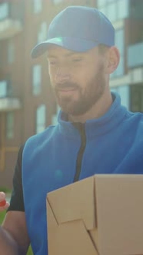 A Delivery Man in a Blue Vest Navigates Busy Streets with His Box