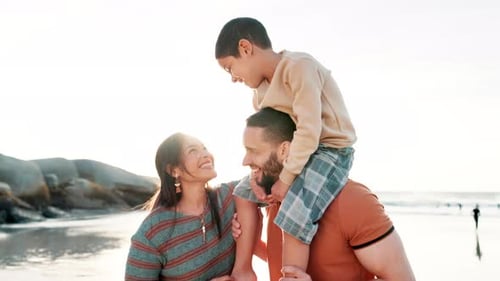 Beach, parents and child on shoulders of father for adventure, playing or bonding together