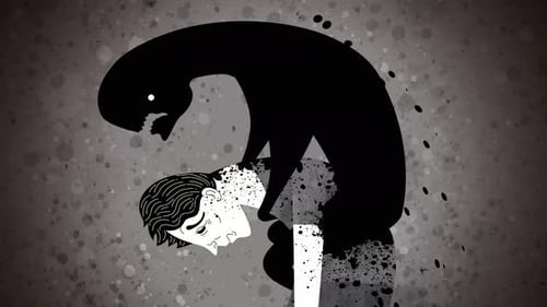 sad person carrying a black goo entity of depression