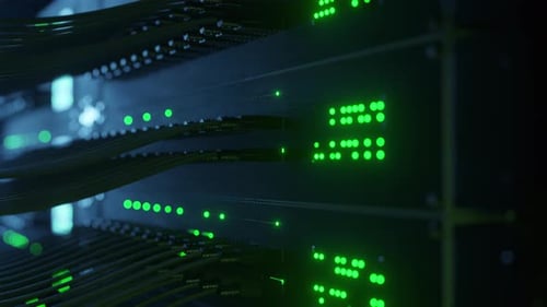 Closeup View of Modern Internet Network Switch with Plugged Ethernet Cables Blinking Lights on