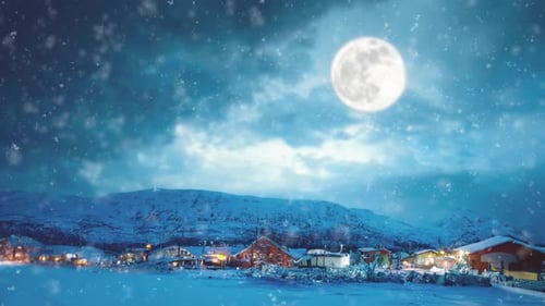 Winter Village in the Mountains Beautiful Christmas Landscape There is a Full Moon in the Sky and It