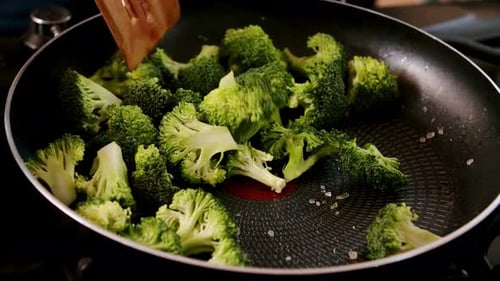 Sautéing Fresh Broccoli Florets in a Non-Stick Pan