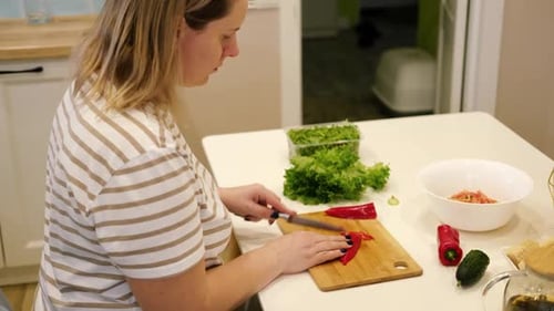 Vegetable Fresh Salad Woman Cooking a Green Salad with Cucumbers Onion Lettuce Pepper and Tomatoes