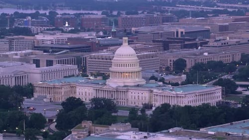 Aerial Drone Night View of the U.S. Capitol and National Mall
