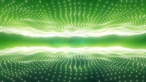 Abstract green energy waves from particles above and below the screen magical bright