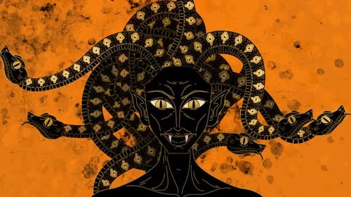 Medusa, monstruo con pelo de serpiente en estilo de jarrón naranja antiguo