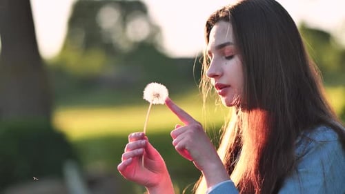 Young Woman Holding Dandelion in Golden Hour Sunlight
