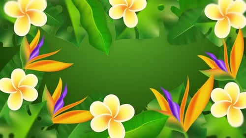 Animated Tropical Green Leaves and Exotic Flowers Frame