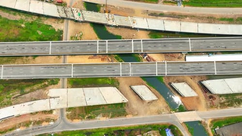 Motorways road construction site from drone aerial view