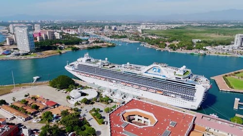Luxury Cruise Ship Anchored In The Marina Of Puerto Vallarta, Mexico