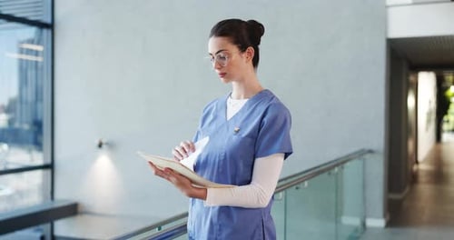 Nurse, folder and reading with woman in hospital for patient history portfolio