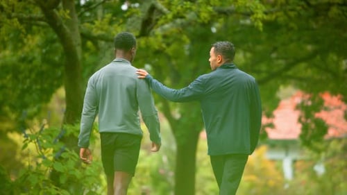 Fitness, friends and men in park for workout, exercise and marathon training together