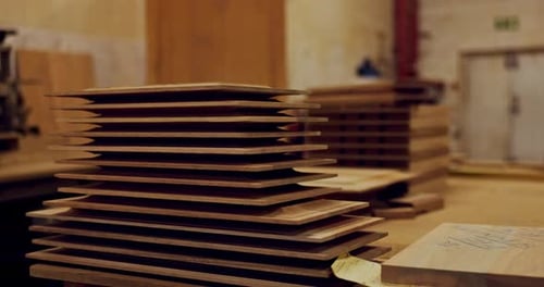 Woodwork, workshop and slabs from carpenter, contractor and builder business with timber