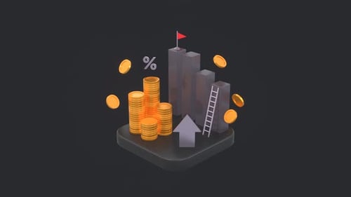 Animated Bar Chart, Coins, Percent Sign and Up Arrow for Business Growth.