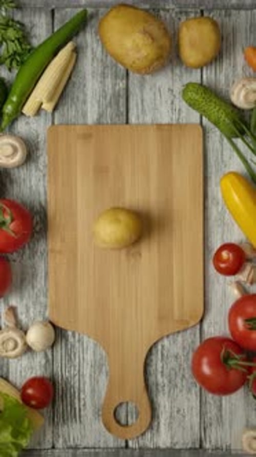 Vertical of Small Potato Rolling on a Rustic Wooden Table with Vegetables