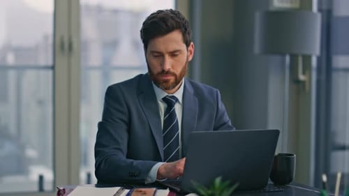 Serious Specialist Working Laptop Sitting Office Closeup Man Typing Computer