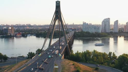 The Bridge Over the City River in the Evening or Morning