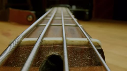 Detailansicht der Gitarrensaiten über dem Holzhals