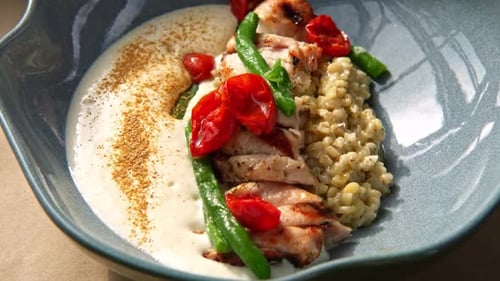Rabbit Fillet on Dinner Plate Served Green String Beans Tomatoes and Bulgur Garnished Art Food