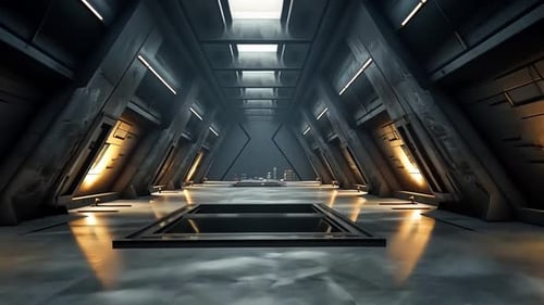 Futuristic corridor with glowing lights and polished floors