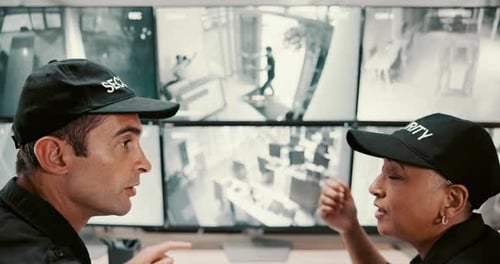 People, security guard or screen with surveillance for robbery footage or safety breach in building