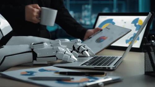 Business professionals utilizing an AI-powered consultant for data analysis and