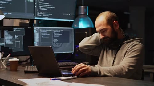 Datenbankprogrammierer, der Code schreibt und mit Rückenschmerzen umgeht