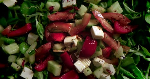 Preparing Fresh Salad with Cheese and Vegetables