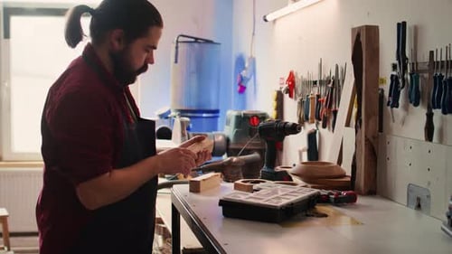 Carpenter Changing Power Drill Head in Furniture Assembly Shop