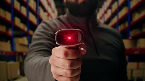 Scanner Scan Delivery Box in Storage Ecommerce Shop Man Packing Goods and Clothes Second Hand