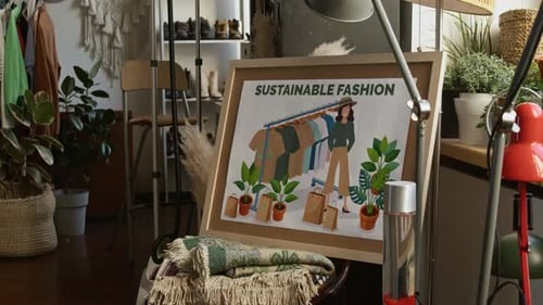 Sustainable Fashion Poster on Display in Second Hand Outlet