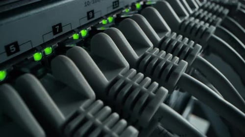 Macro Shot: Ethernet Data Cables Connected to Router Ports with Blinking Lights. Telecommunications