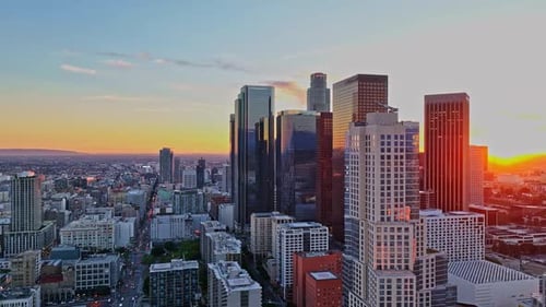 Dramatic Sky Above LA Skyline Los Angeles Downtown Aerial Panorama Aerial Shot Over Los Angeles