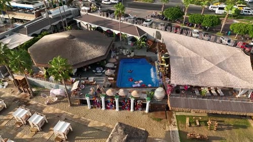 Beach Cafe on the Mediterranean Sea Aerial View 4 K