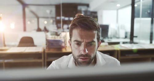 Stress, solution and business man on computer for information technology