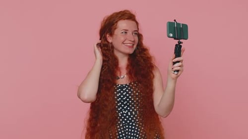 Girl Blogger Take Selfie on Mobile Phone Selfie Stick Communicate Video Call Online with Subscribers
