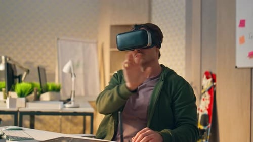 Vr Glasses Designer Creating Computer Game Closeup Developer Touching Metaverse
