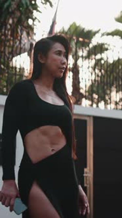 Confident Woman Posing in Black Dress Outdoors