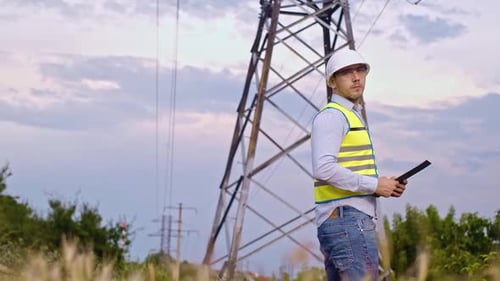A designer inspects a high voltage tower. An engineer in a hard hat servicing a power transmission p