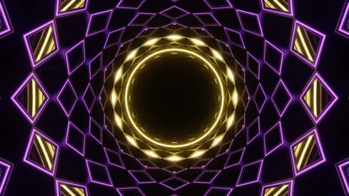 Purple And Yellow Neon Circle In Mirror Tunnel Background Vj Loop In 4K