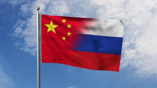 Chinese and Russian Flag Waving with Blending Transition